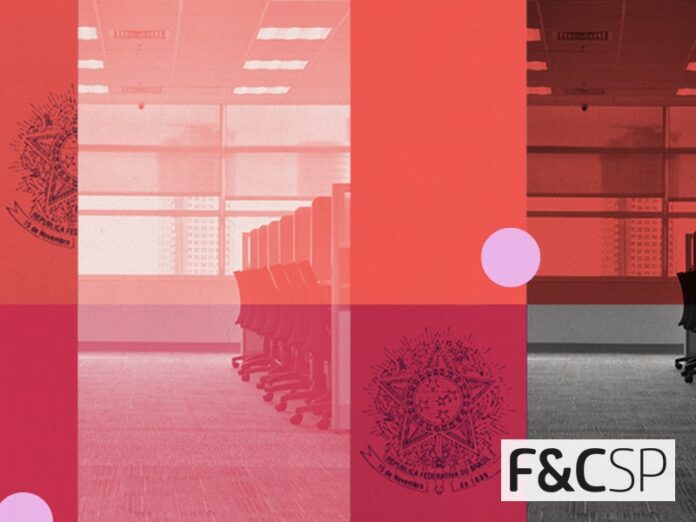 Arte com escritório e brasão da República ilustrando o debate sobre a NR-1
